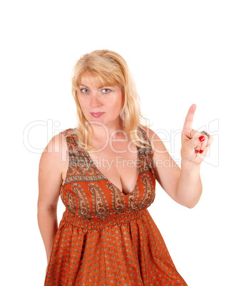 Blond woman pointing finger.