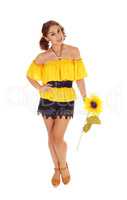 Beautiful woman with one sunflowers.
