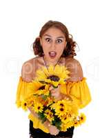 Screaming woman with sunflowers.