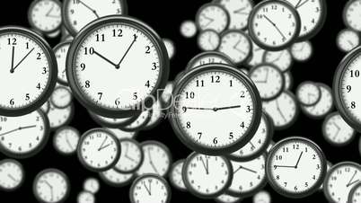 Many Clocks flying in Time-lapse in 3D animation. Time Concept Footage. HD 1080. Looped.