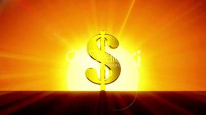 Dollar Symbol Growing in the Rising Sun. Sunrise Time-lapse. HD 1080. Beautiful 3d animation.