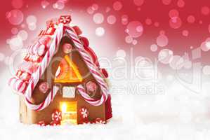 Gingerbread House, Red Background With Bokeh, Copy Space