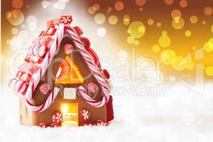 Gingerbread House, Golden Background With Bokeh, Copy Space