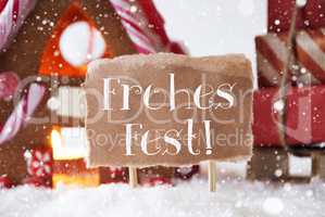 Gingerbread House With Sled, Snowflakes, Frohes Fest Means Merry Christmas