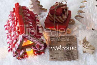Gingerbread House, Sled, Snow, Text Welcome