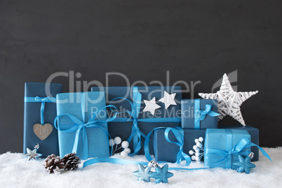 Blue Gifts With Christmas Decoration, Black Cement Wall, Snow