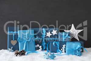 Blue Gifts With Christmas Decoration, Black Cement Wall, Snow