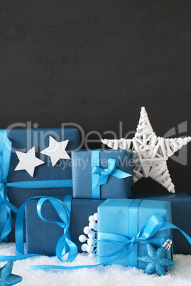 Vertical Blue Christmas Gifts, Black Cement Wall, Snow