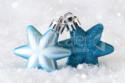 Dark And Light Blue Stars, Christmas Tree Balls, Snow, Snowflakes