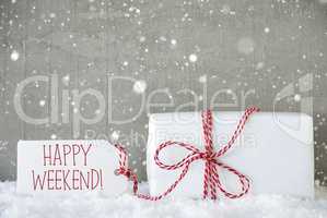 Gift, Cement Background With Snowflakes, Text Happy Weekend
