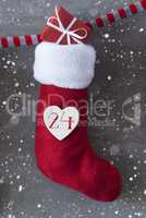 Vertical Boot With Gift, Cement Background, Christmas Eve, Snowflakes