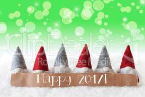 Gnomes, Green Background, Bokeh, Stars, Text Happy 2017