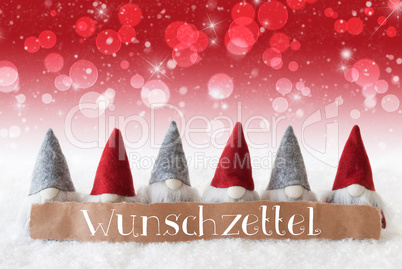 Gnomes, Red Background, Bokeh, Stars, Wunschzettel Means Wish List