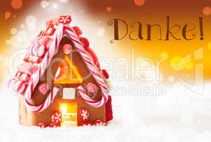 Gingerbread House, Golden Background, Danke Means Thank You