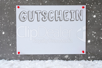 Label On Cement Wall, Snowflakes, Gutschein Means Voucher