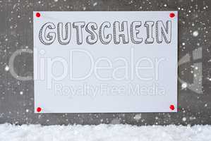 Label On Cement Wall, Snowflakes, Gutschein Means Voucher