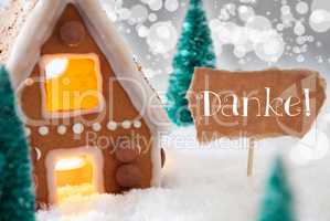 Gingerbread House, Silver Background, Danke Means Thank You