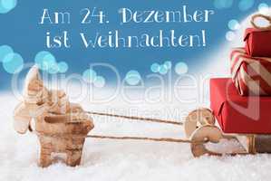 Reindeer, Sled, Light Blue Background, Weihnachten Means Christmas