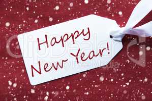 One Label On Red Background, Snowflakes, Text Happy New Year