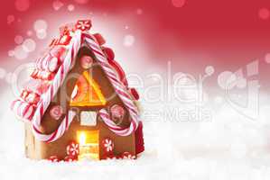 Gingerbread House, Red Background With Snowflakes, Copy Space
