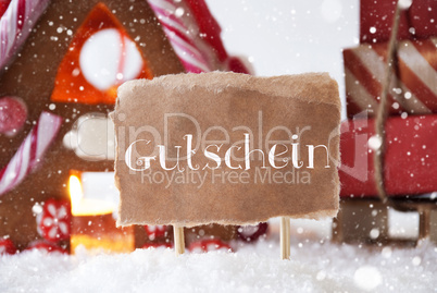 Gingerbread House With Sled, Snowflakes, Gutschein Means Voucher