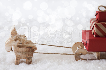 Reindeer With Sled, White Bokeh Background, Copy Space