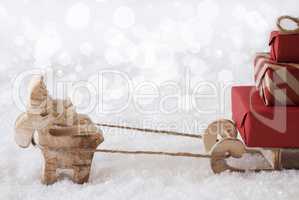 Reindeer With Sled, White Bokeh Background, Copy Space