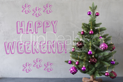 Christmas Tree, Cement Wall, Text Happy Weekend