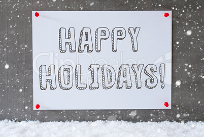 Label On Cement Wall, Snowflakes, Text Happy Holidays