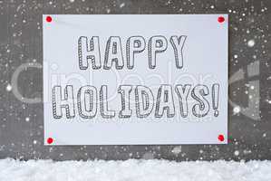 Label On Cement Wall, Snowflakes, Text Happy Holidays