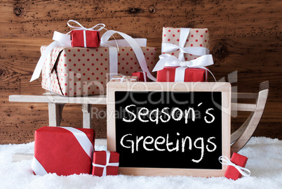 Sleigh With Gifts On Snow, Text Seasons Greetings