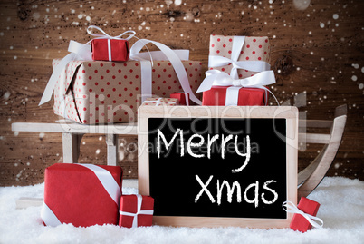 Sleigh With Gifts, Snow, Snowflakes, Text Merry Xmas