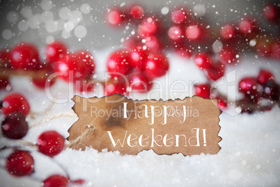 Burnt Label, Snow, Snowflakes, Text Happy Weekend