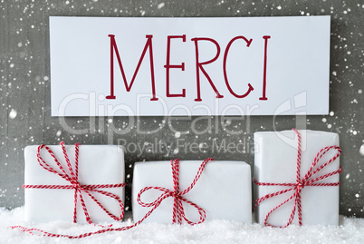 White Gift With Snowflakes, Merci Means Thank You