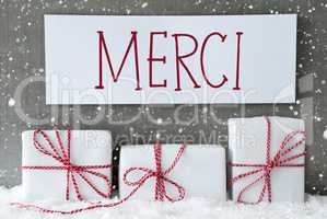 White Gift With Snowflakes, Merci Means Thank You
