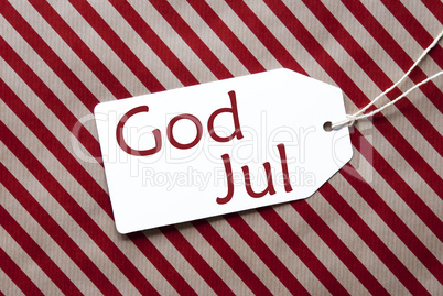 Label On Red Wrapping Paper, God Jul Means Merry Christmas