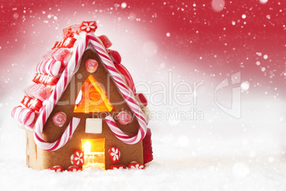 Gingerbread House, Red Background With Snowflakes, Copy Space