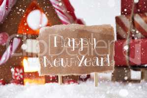 Gingerbread House With Sled, Snowflakes, Text Happy New Year