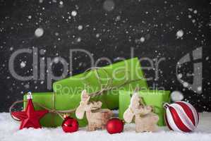 Red And Green Christmas Decoration, Snow, Black Cement Wall, Snowflakes