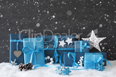 Blue Gifts With Christmas Decoration, Black Cement Wall, Snow, Snowflakes