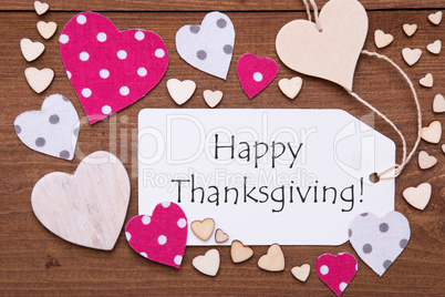 Label, Pink Hearts, Text Happy Thanksgiving