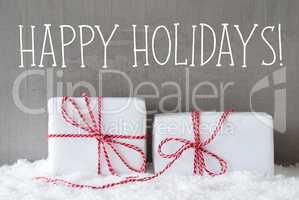 Two Gifts With Snow, Text Happy Holidays