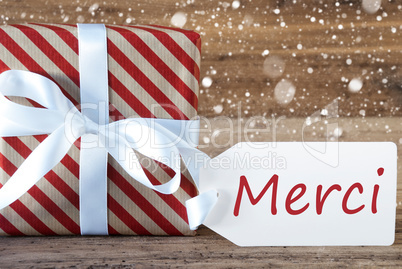 Present With Snowflakes, Text Merci Means Thank You
