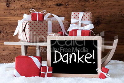 Sleigh With Gifts On Snow, Danke Means Thank You