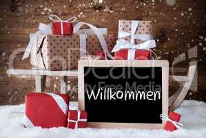 Sleigh With Gifts, Snow, Snowflakes, Willkommen Means Welcome