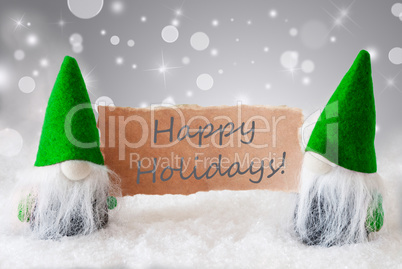 Green Gnomes With Card And Snow, Text Happy Holidays