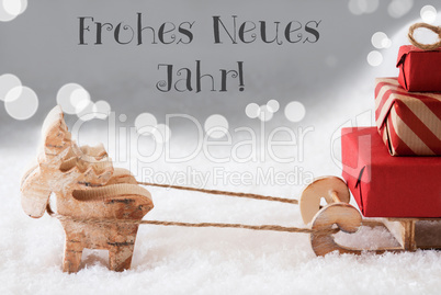 Reindeer With Sled, Silver Background, Neues Jahr Means New Year