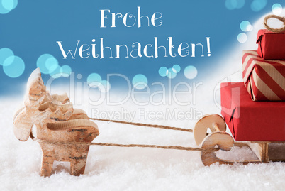 Reindeer, Sled, Light Blue Background, Frohe Weihnachten Means Merry Christmas