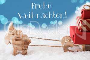 Reindeer, Sled, Light Blue Background, Frohe Weihnachten Means Merry Christmas
