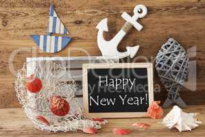 Chalkboard With Summer Decoration, Text Happy New Year